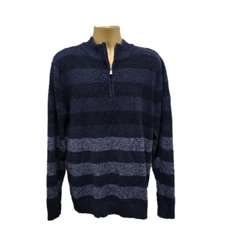 Cotton Blend 1/4 Zip Stripe Sweater Mens Size XL Preppy Blue Grandpa Mock Neck